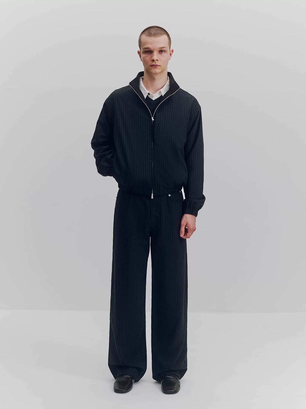 Striped Wool Stand Collar Bomber Jacket