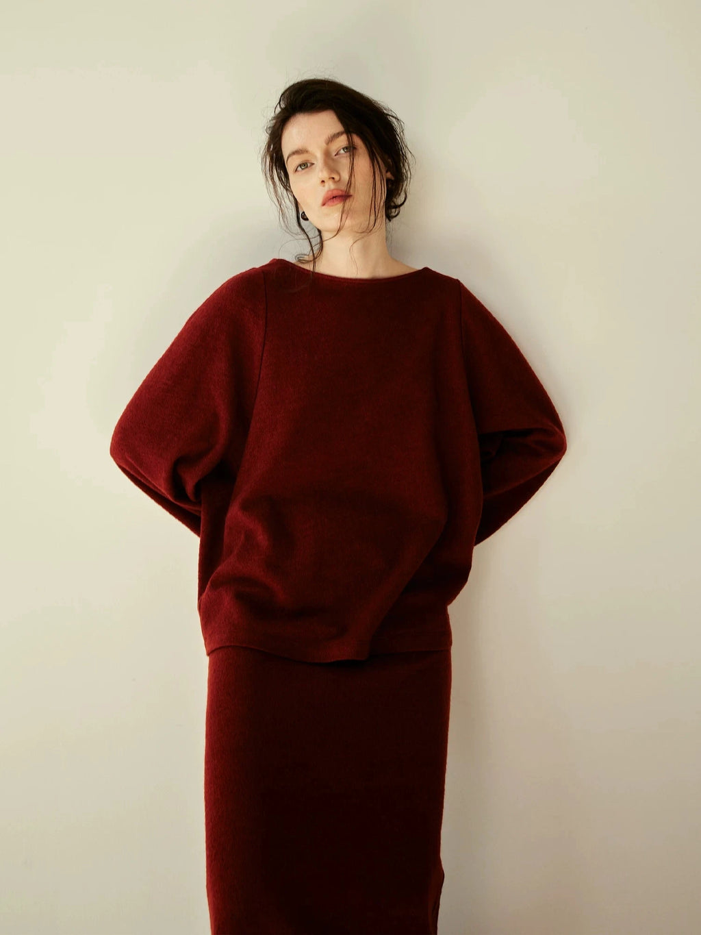 Deep Red Wool Blend Flared Knit Top