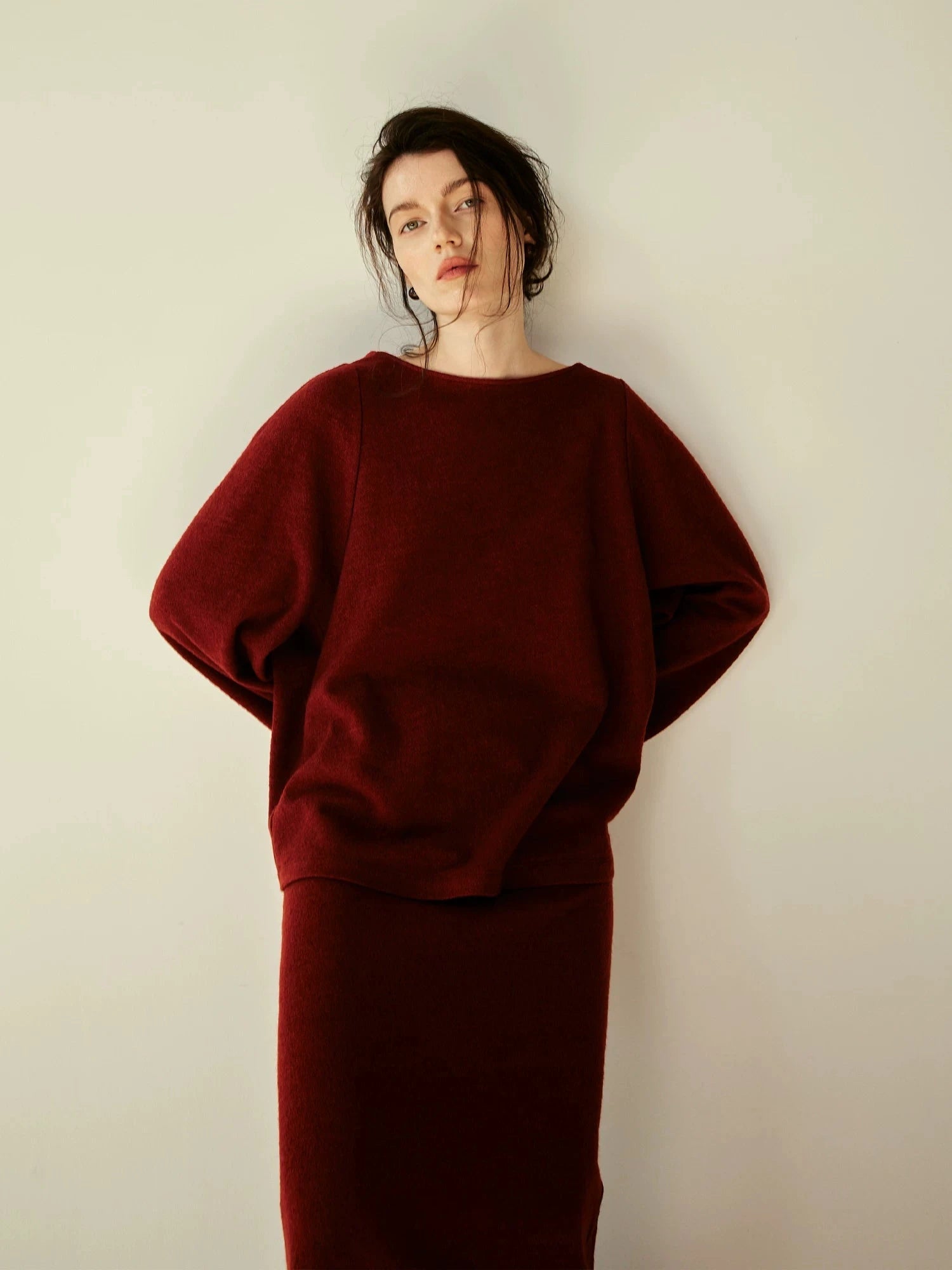 Deep Red Wool Blend Flared Knit Top