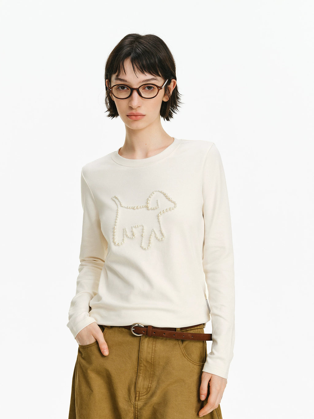 Pearl Embellished Puppy Long Sleeve T-Shirt