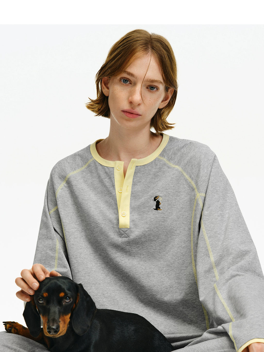 Contrast Stitch Henley Long-Sleeve Top