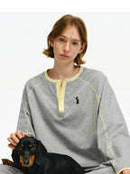 Contrast Stitch Henley Long-Sleeve Top