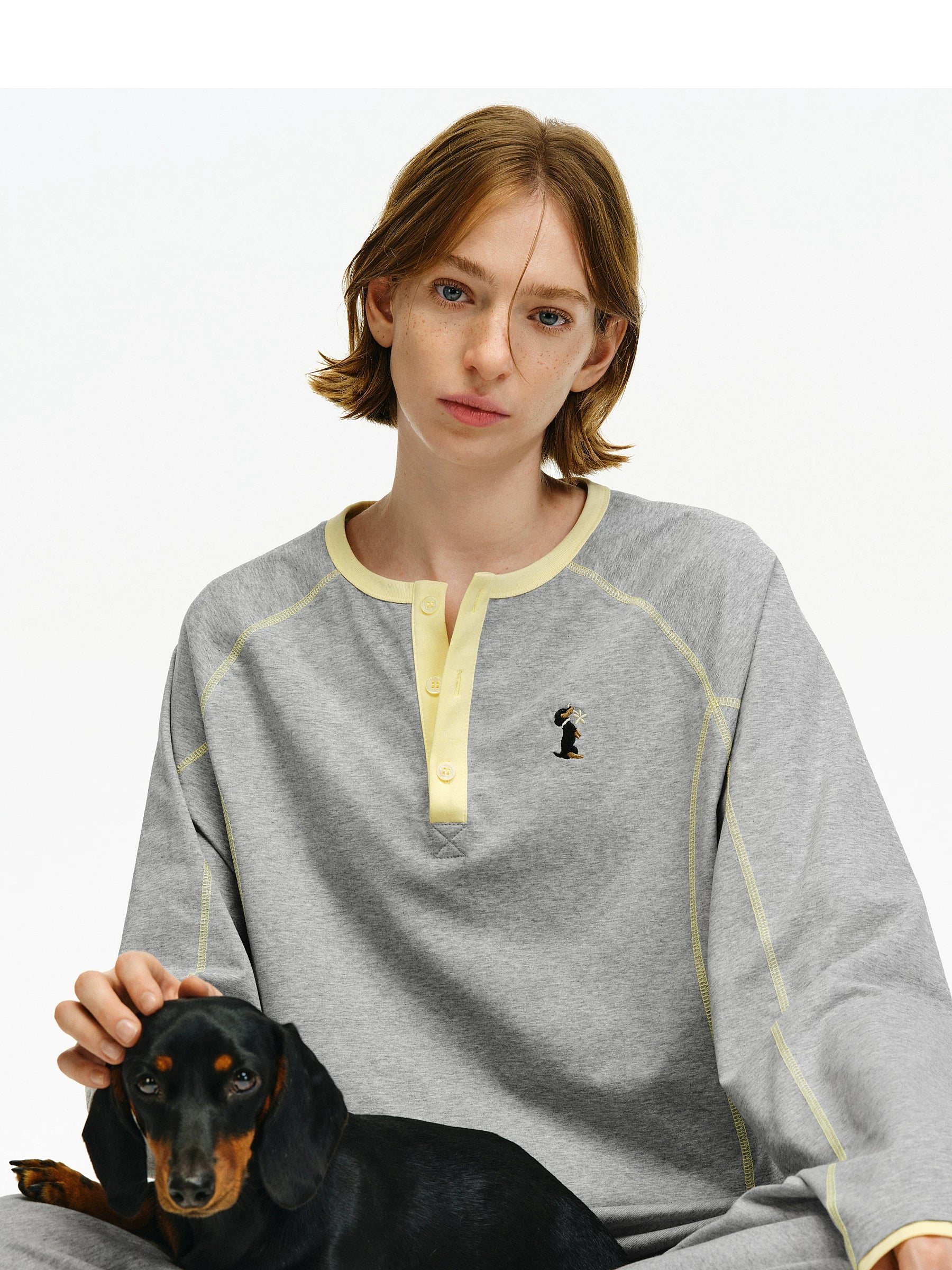 Contrast Stitch Henley Long-Sleeve Top