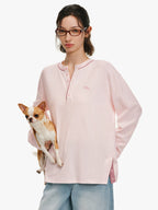 Plaid Trim Embroidered Henley Shirt
