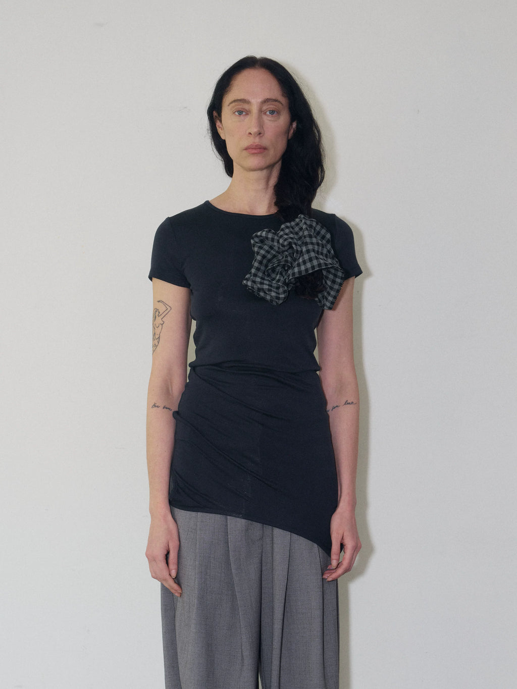 Asymmetric Cotton T-Shirt With Plaid Detail