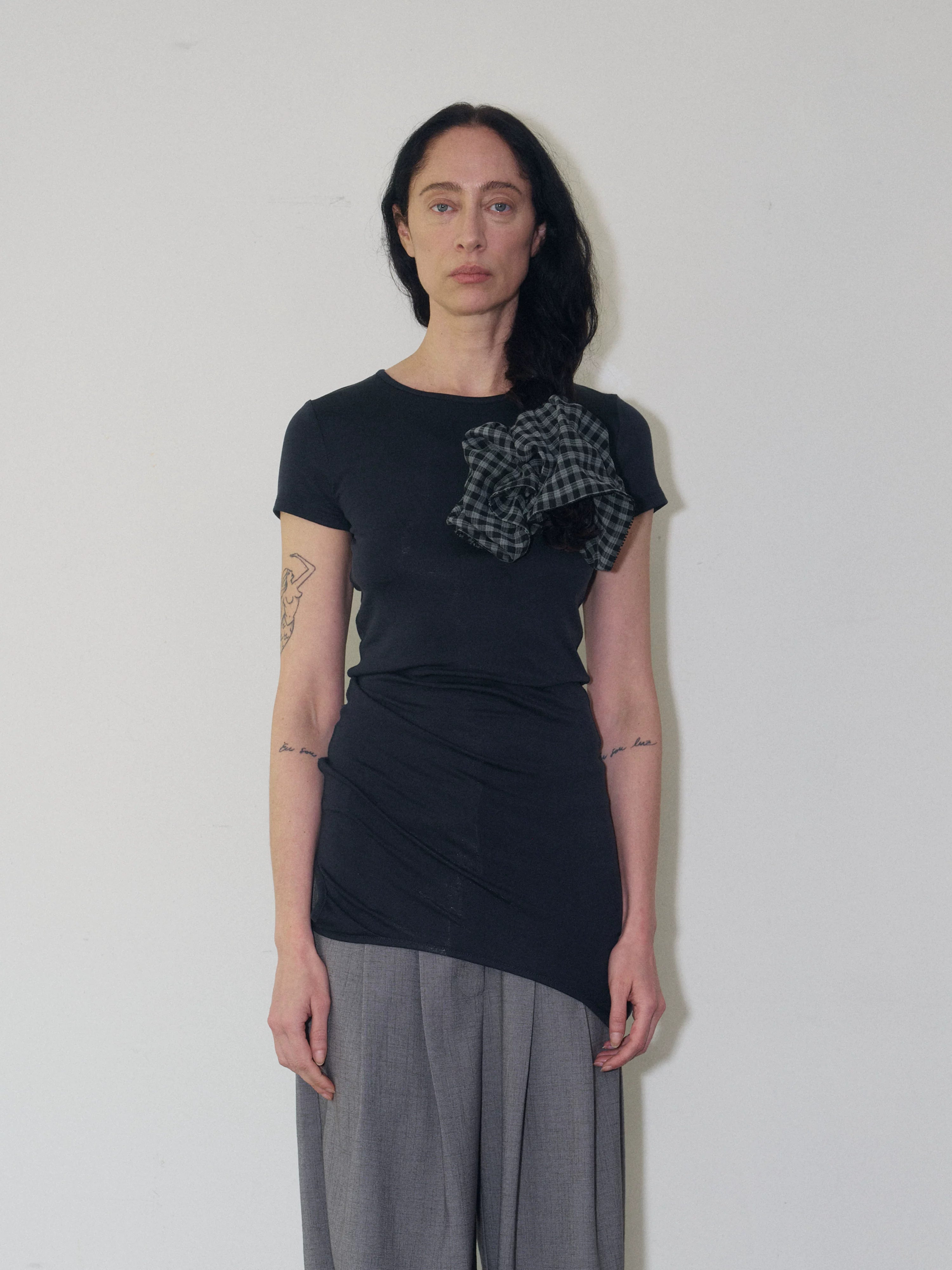 Asymmetric Cotton T-Shirt With Plaid Detail