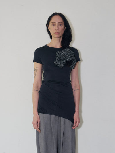 Asymmetric Cotton T-Shirt With Plaid Detail