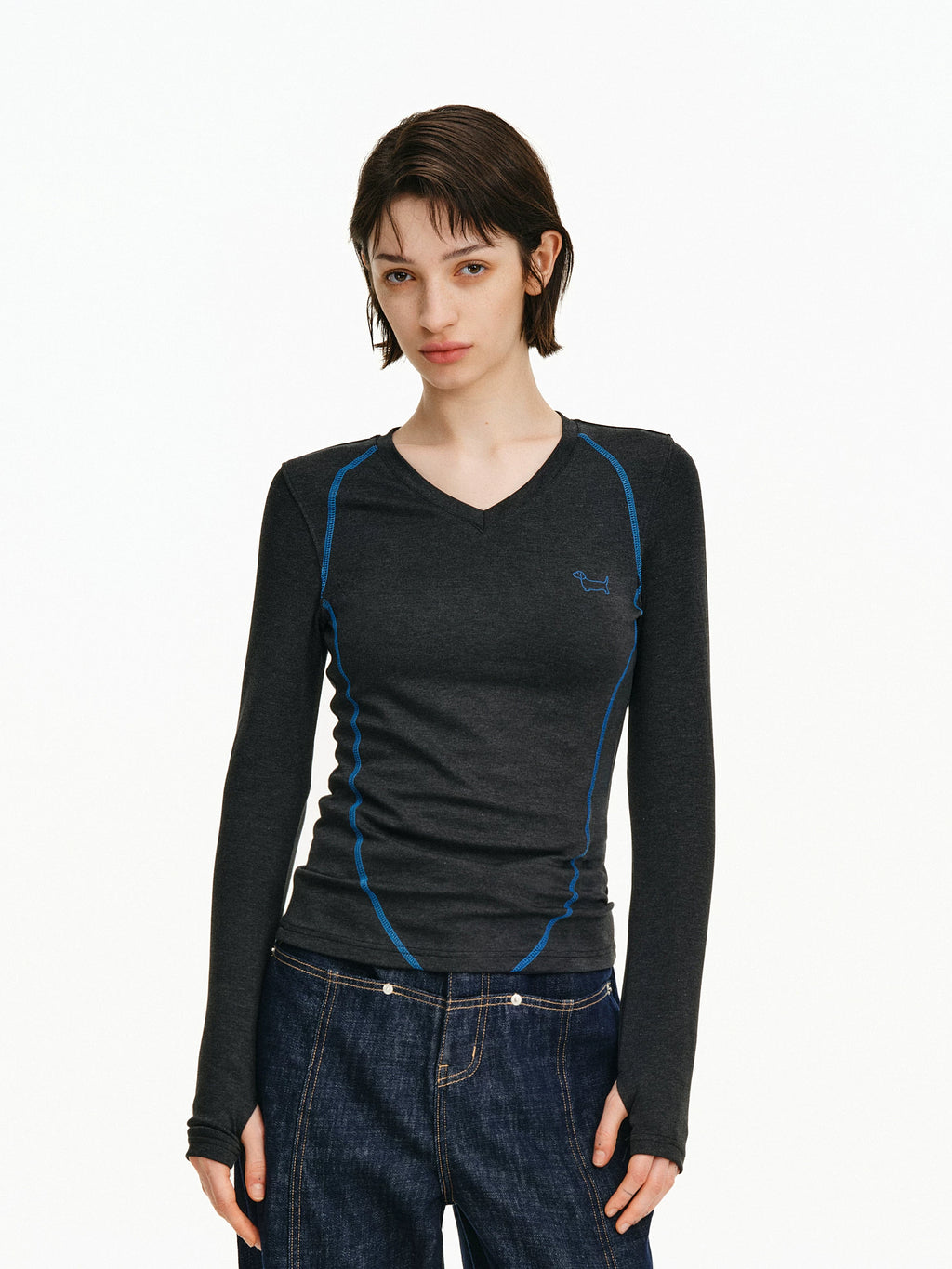Contrast Stitch V-Neck Long Sleeve Top