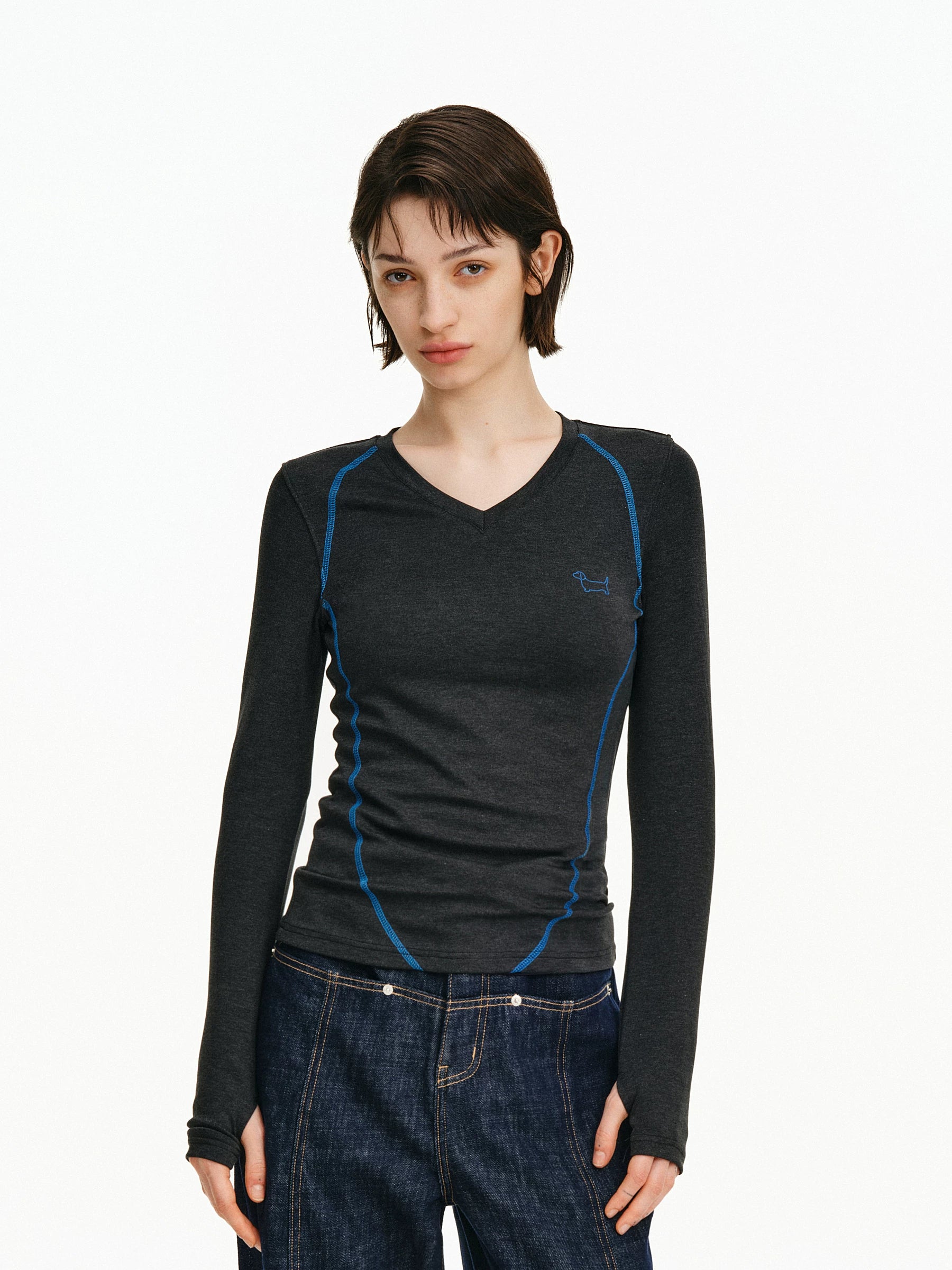 Contrast Stitch V-Neck Long Sleeve Top