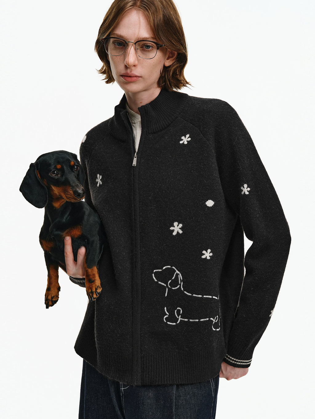 Embroidered Puppy Motif Zip-Up Cardigan