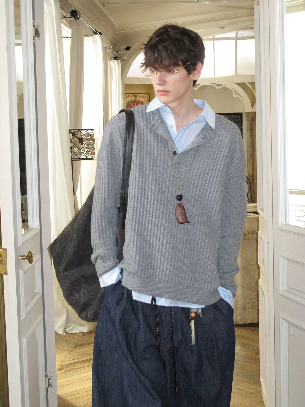 Ribbed Knit Henley Sweater