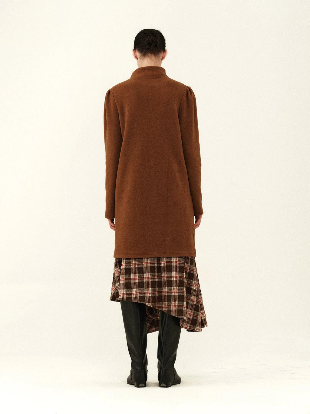 Plush High-Neck Puff-Sleeve Midi Dress