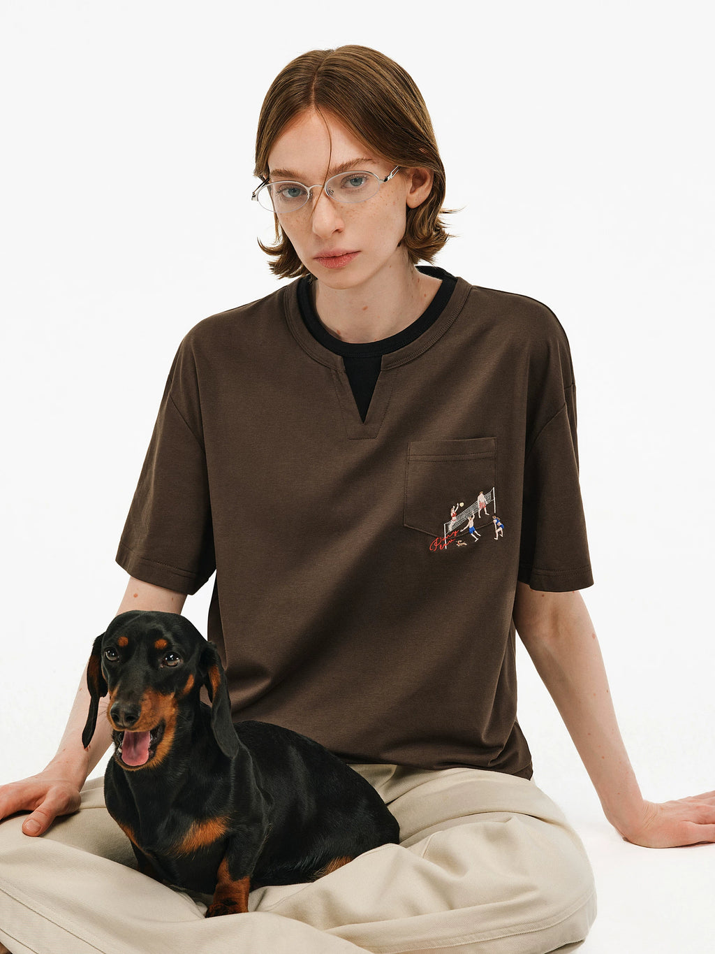 Embroidered V-Neck Layered T-Shirt