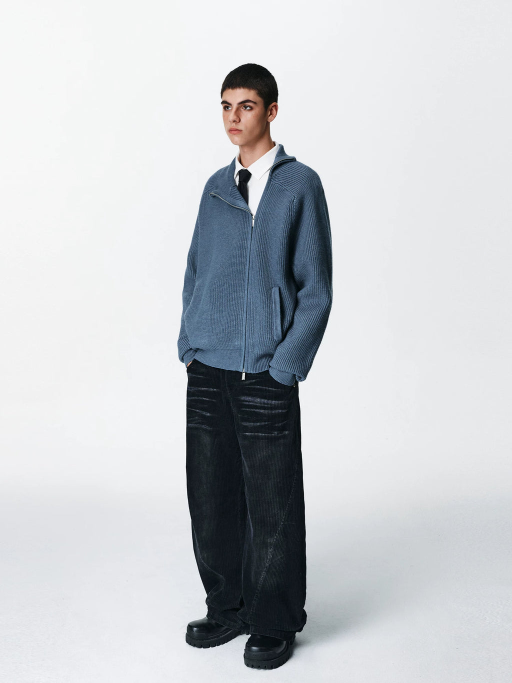 Asymmetric Zip Ribbed Knit Cardigan
