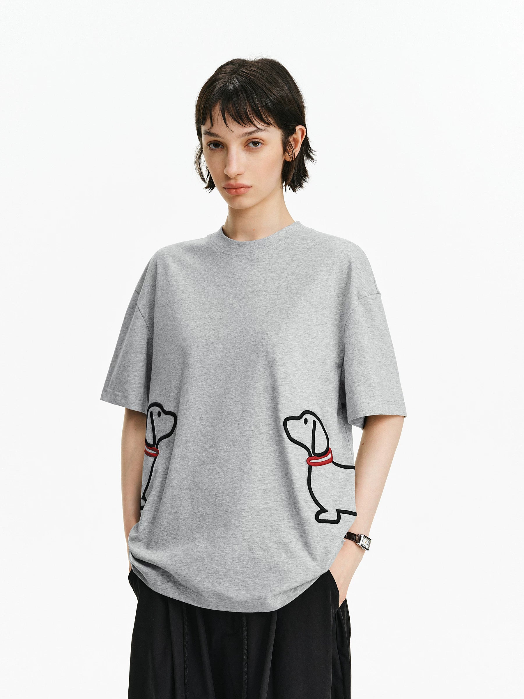 Embroidered Puppy Graphic Cotton T-Shirt