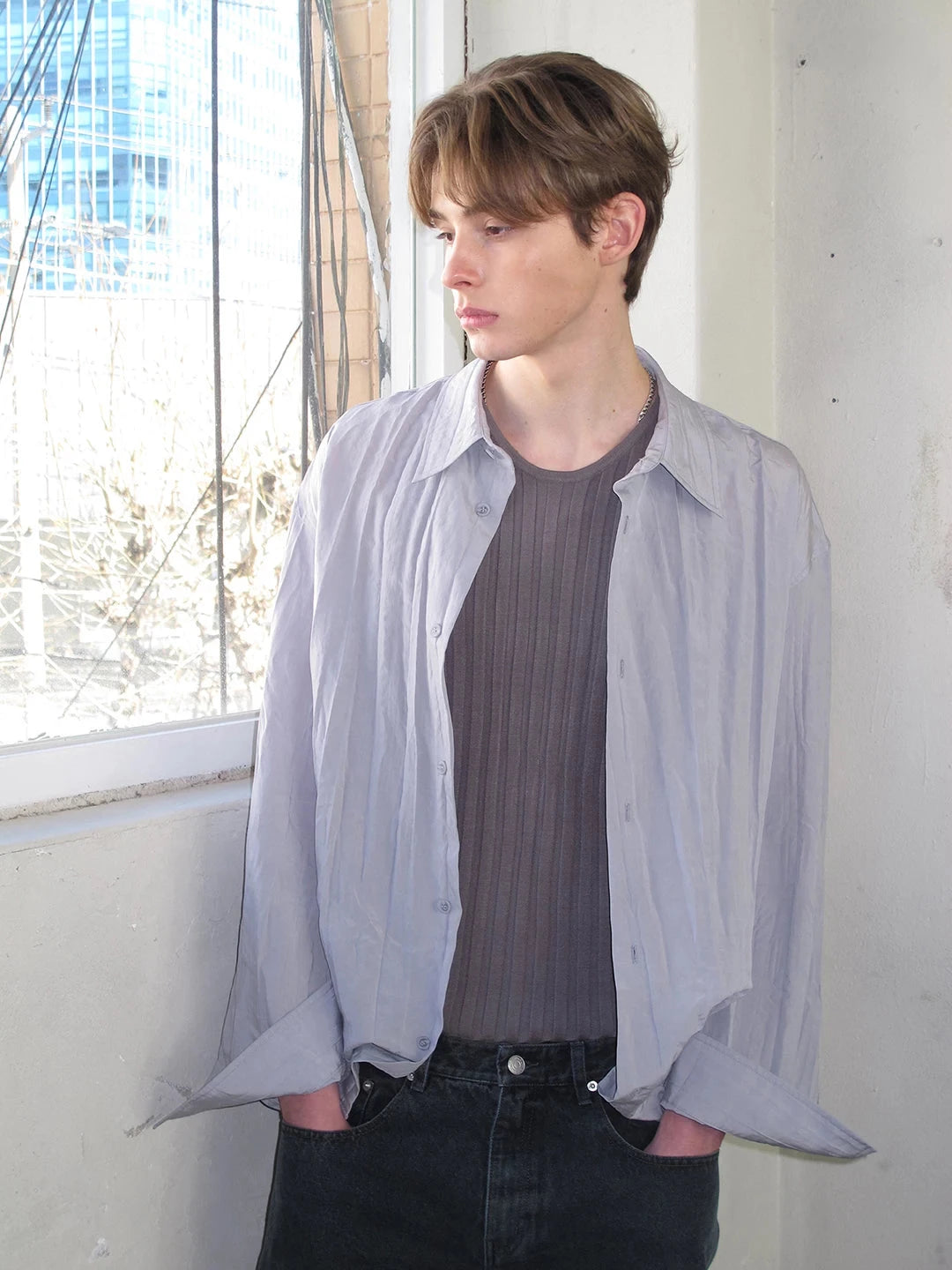 Textured Oversized Button-Down Shirt