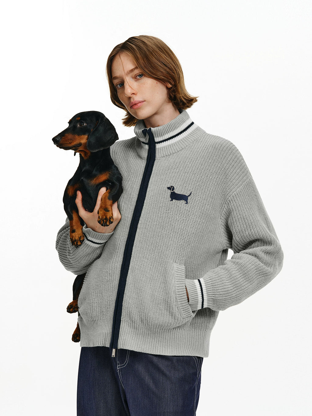 Embroidered Puppy Zip-Up Knit Cardigan