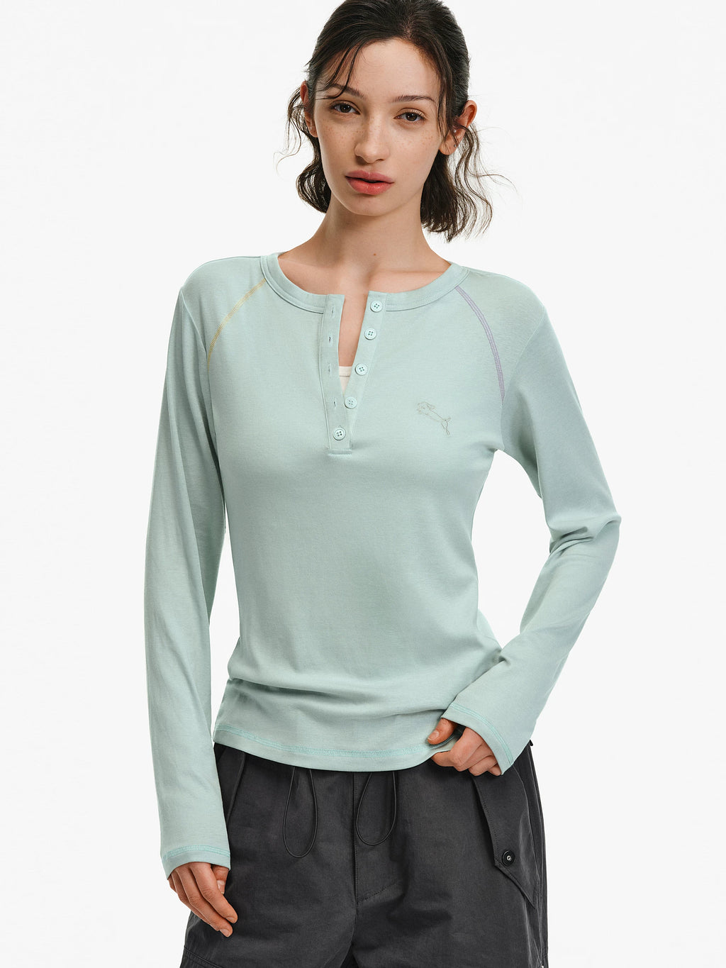 Contrast Stitch Henley Long-Sleeve Top