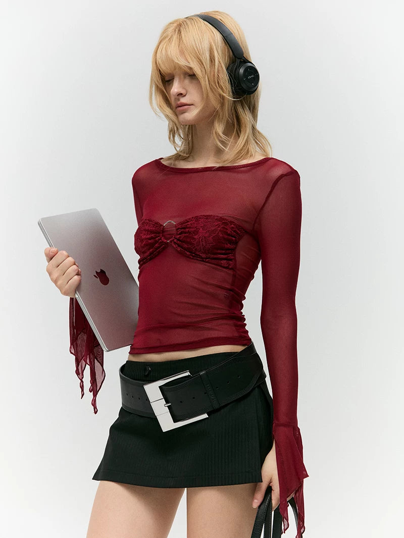 Asymwe Niche Design Sexy Slim-Fit Base Layer with Lace Stitching Red Mesh Long-Sleeve T-Shirt for Women with a High-End Feel