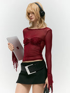 Asymwe Niche Design Sexy Slim-Fit Base Layer with Lace Stitching Red Mesh Long-Sleeve T-Shirt for Women with a High-End Feel