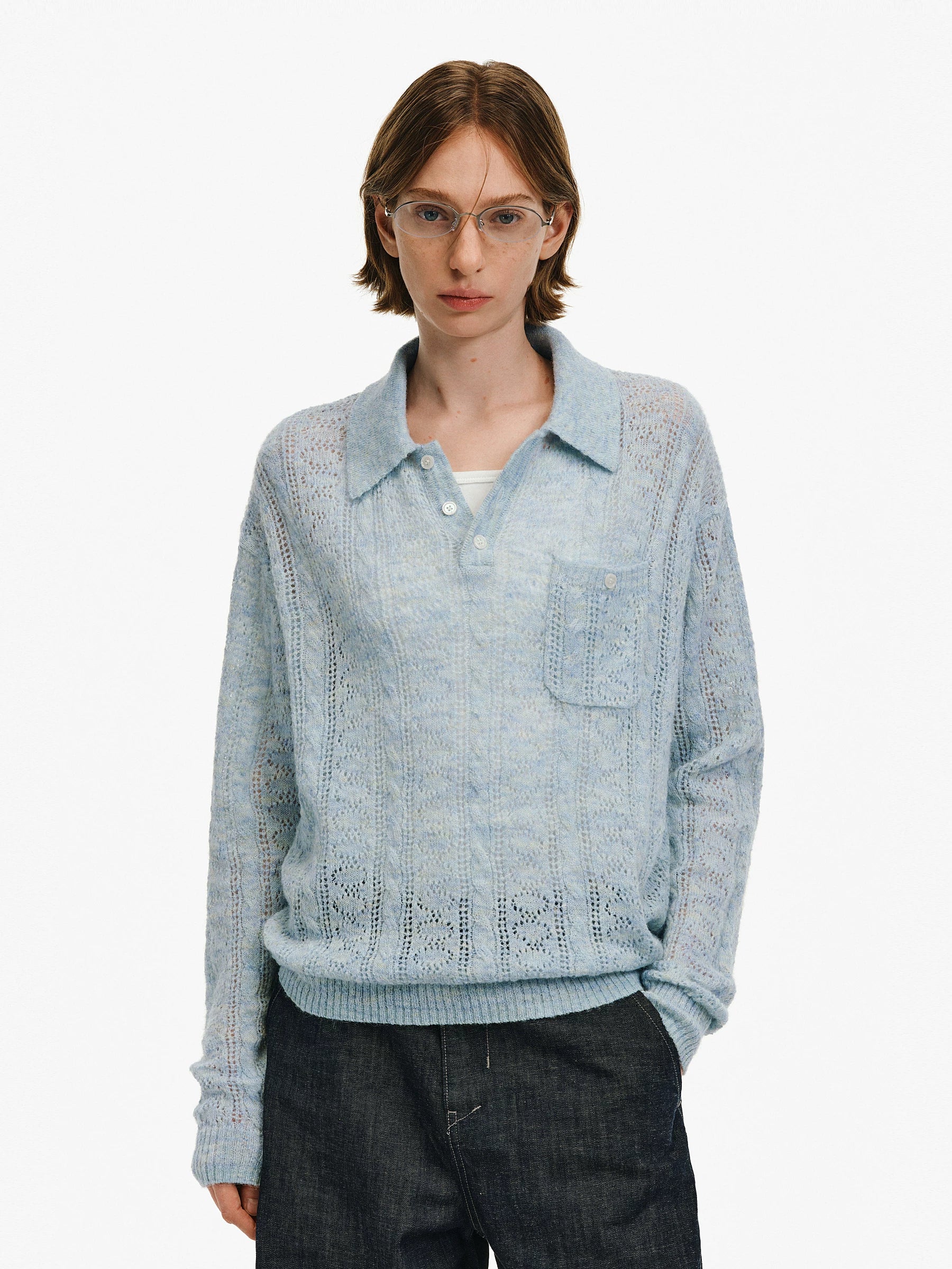 Textured Wool Blend Polo Sweater