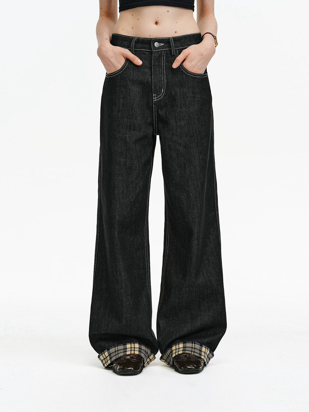 Contrast Stitch Plaid Cuff Wide-Leg Jeans