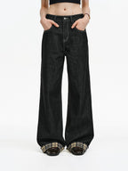 Contrast Stitch Plaid Cuff Wide-Leg Jeans
