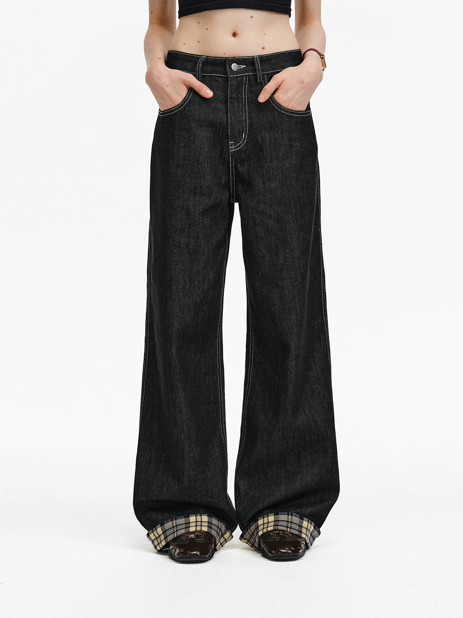 Contrast Stitch Plaid Cuff Wide-Leg Jeans