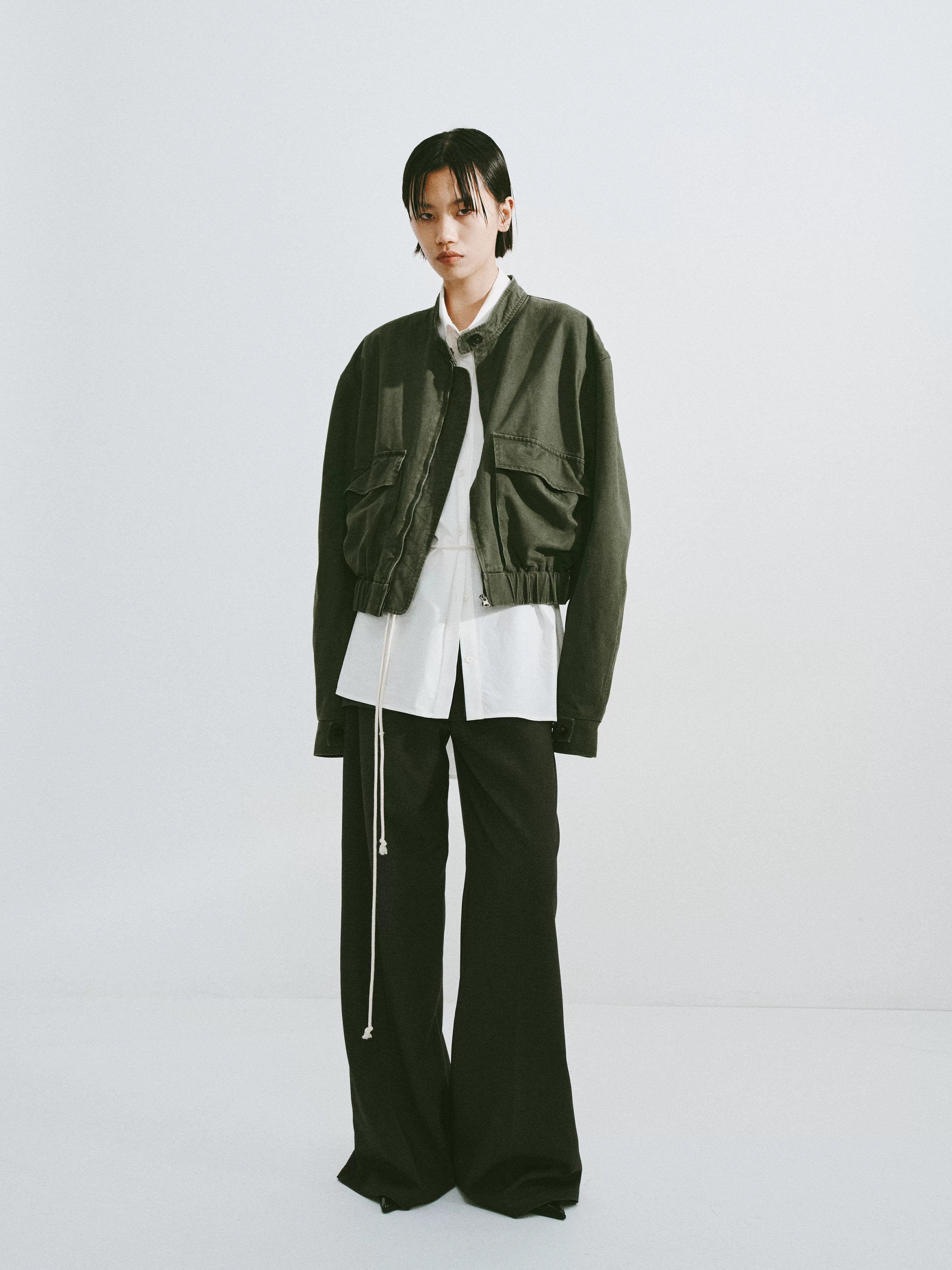 Washed Cotton Stand-Collar Bomber Jacket