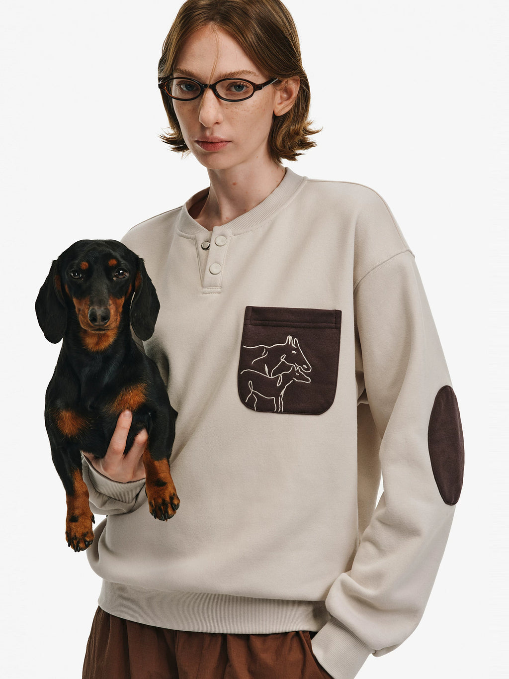 Horse Motif Color-Block Henley Sweatshirt
