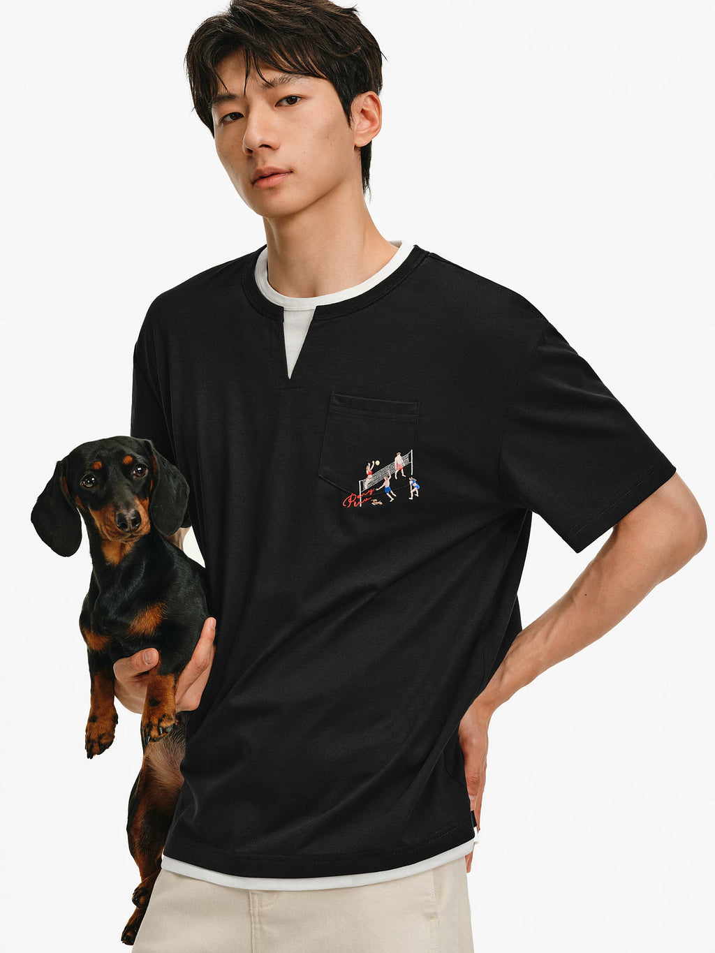 Embroidered V-Neck Layered T-Shirt