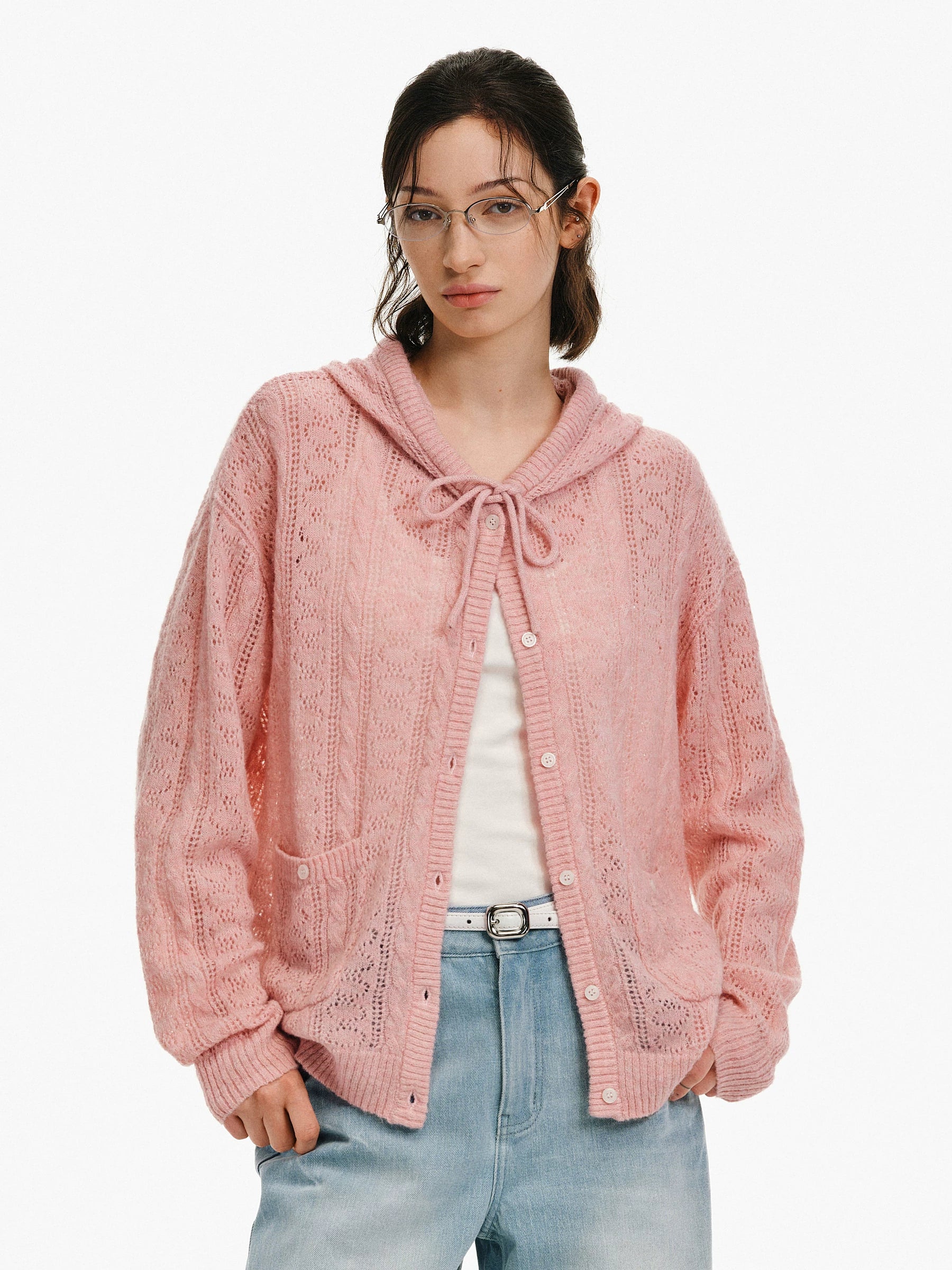 Hollow-Knit Hooded Cardigan