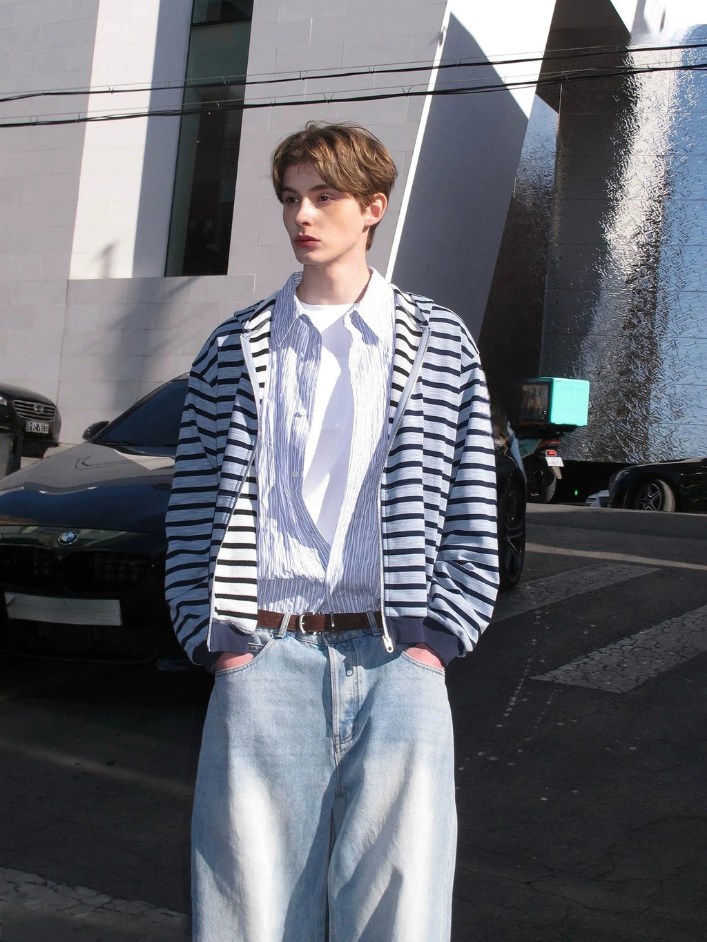 Striped Zip-Up Hooded Cardigan
