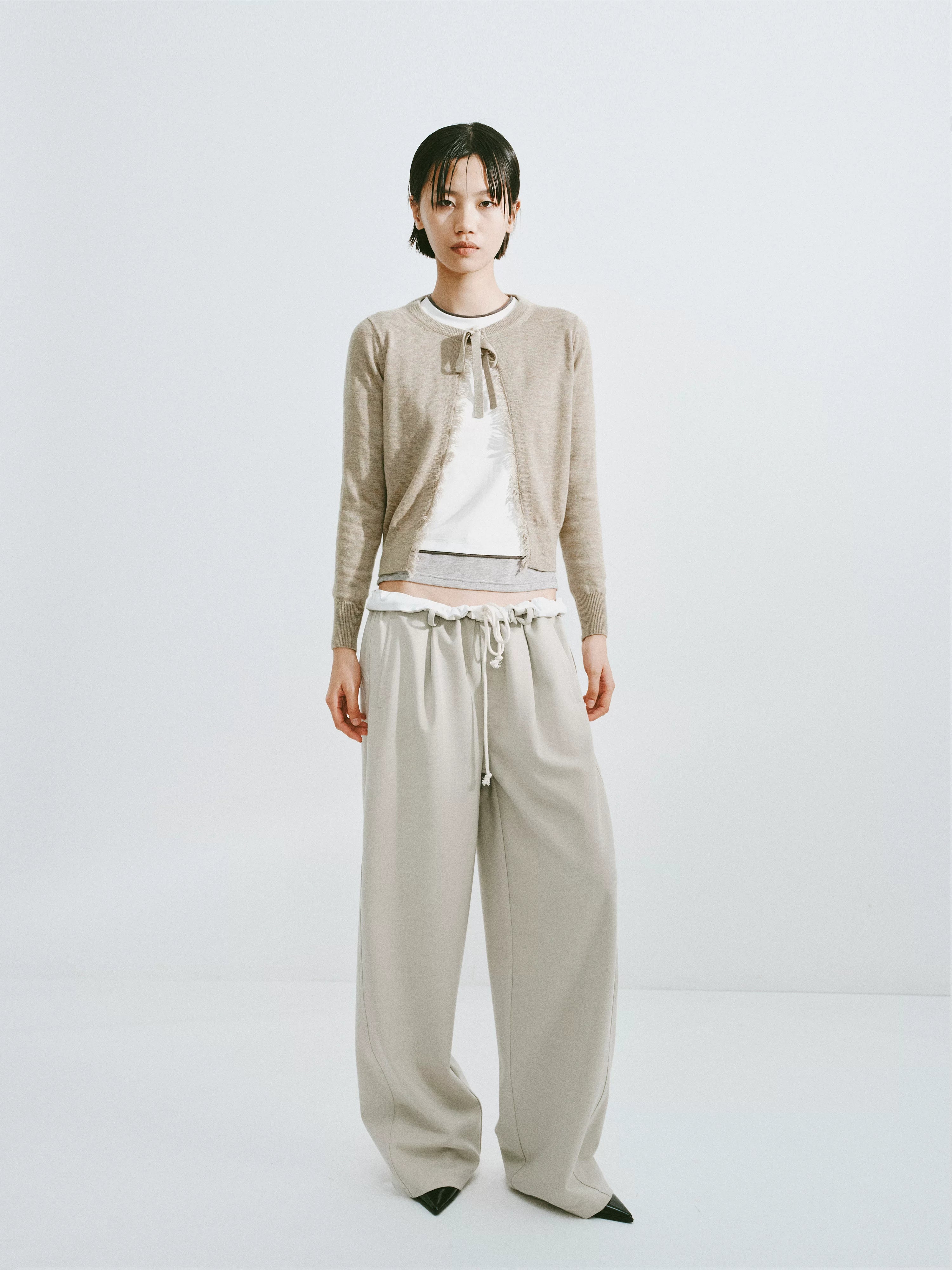Fringed Wool Blend Tie-Front Cardigan