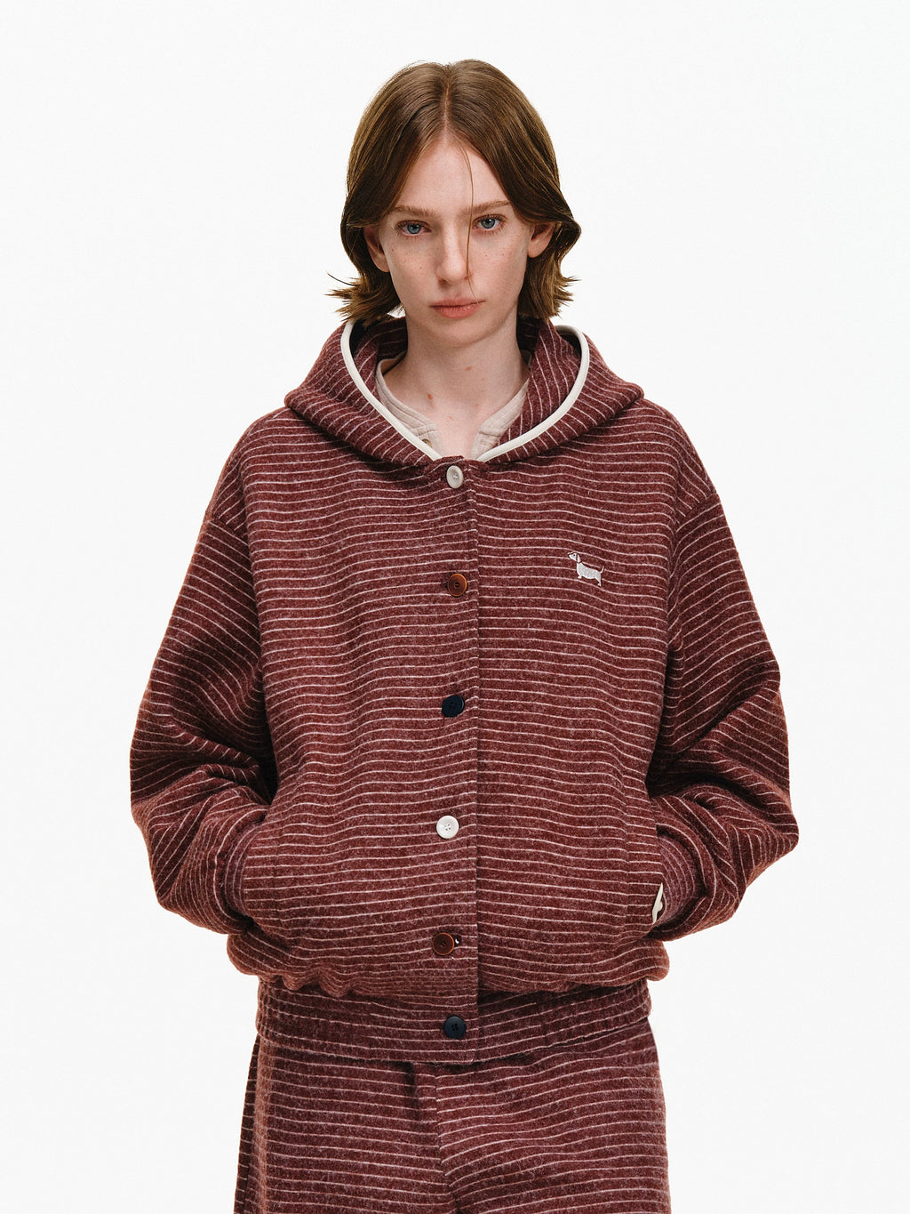 Striped Puppy Embroidered Hooded Cardigan