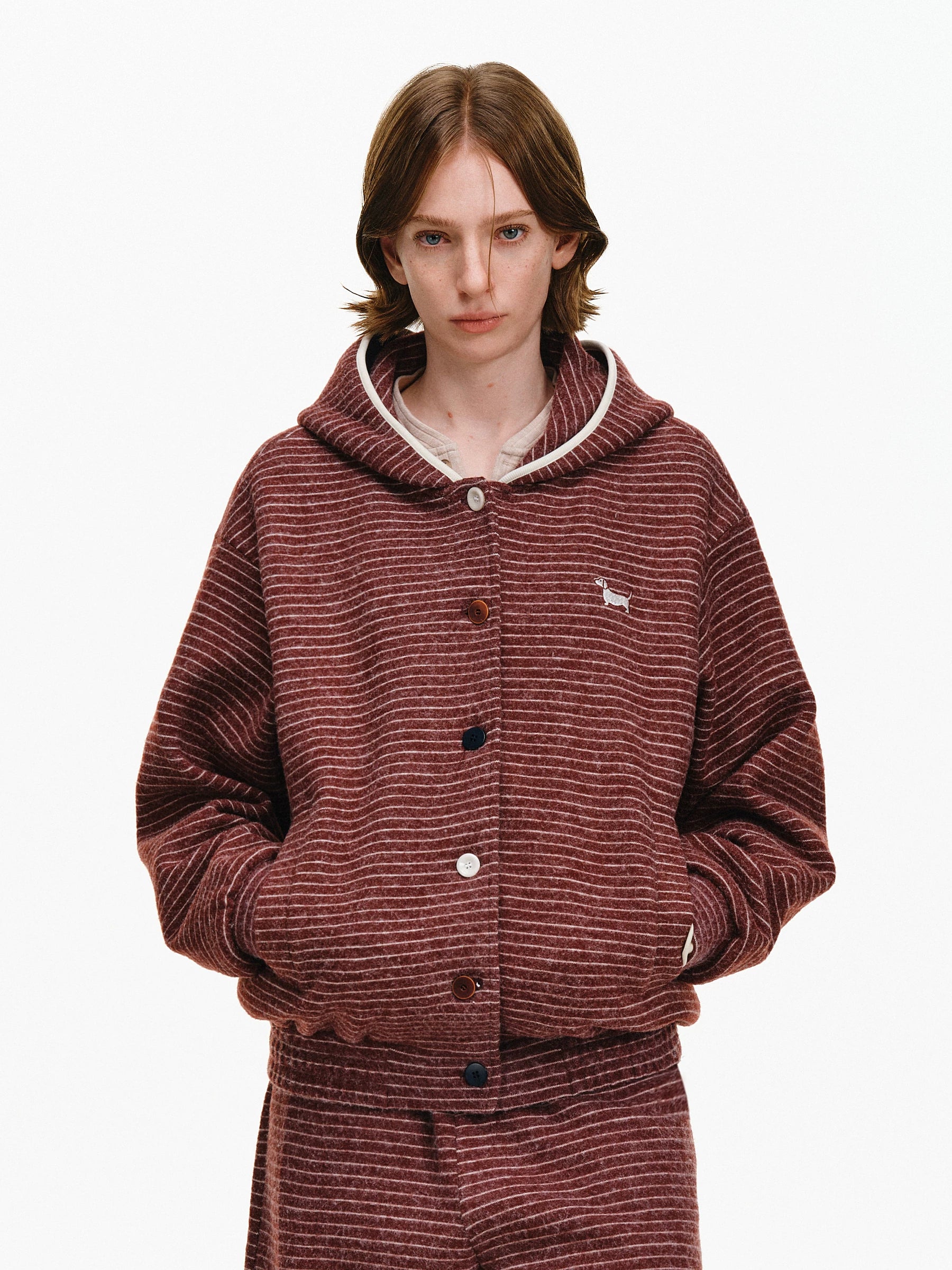 Striped Puppy Embroidered Hooded Cardigan