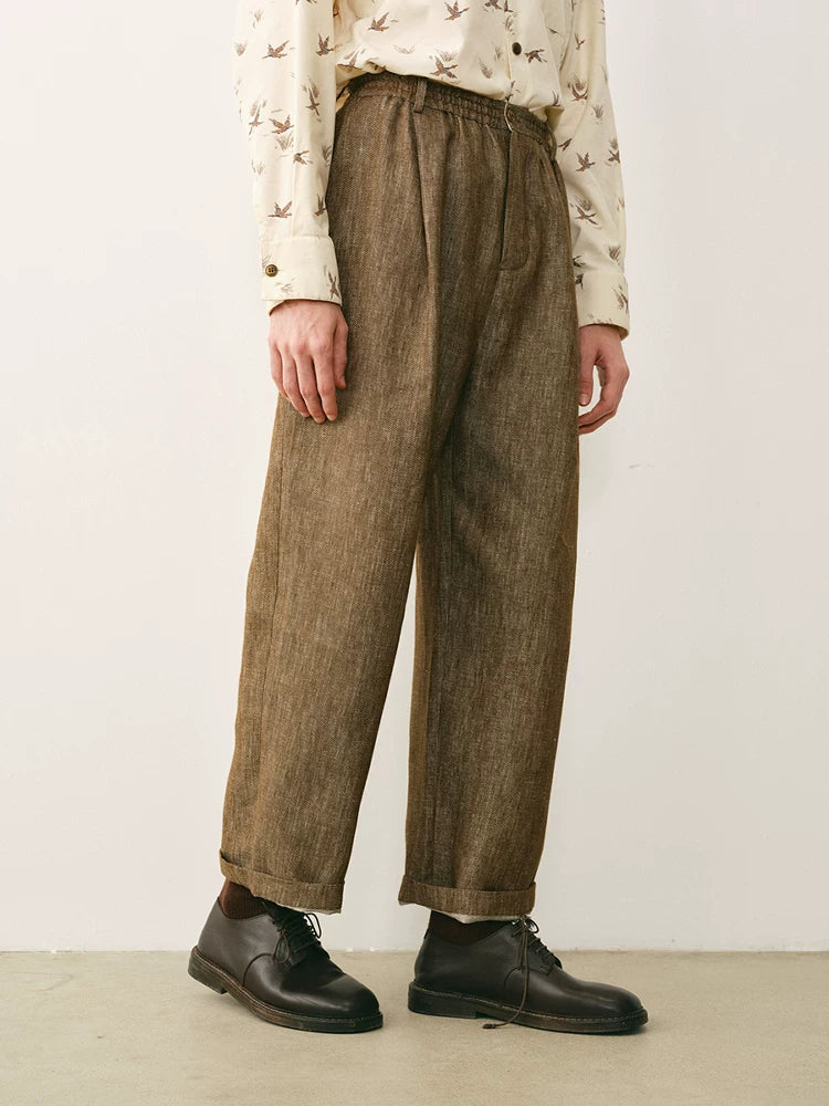 Linen Blend Elastic Waist Cropped Trousers