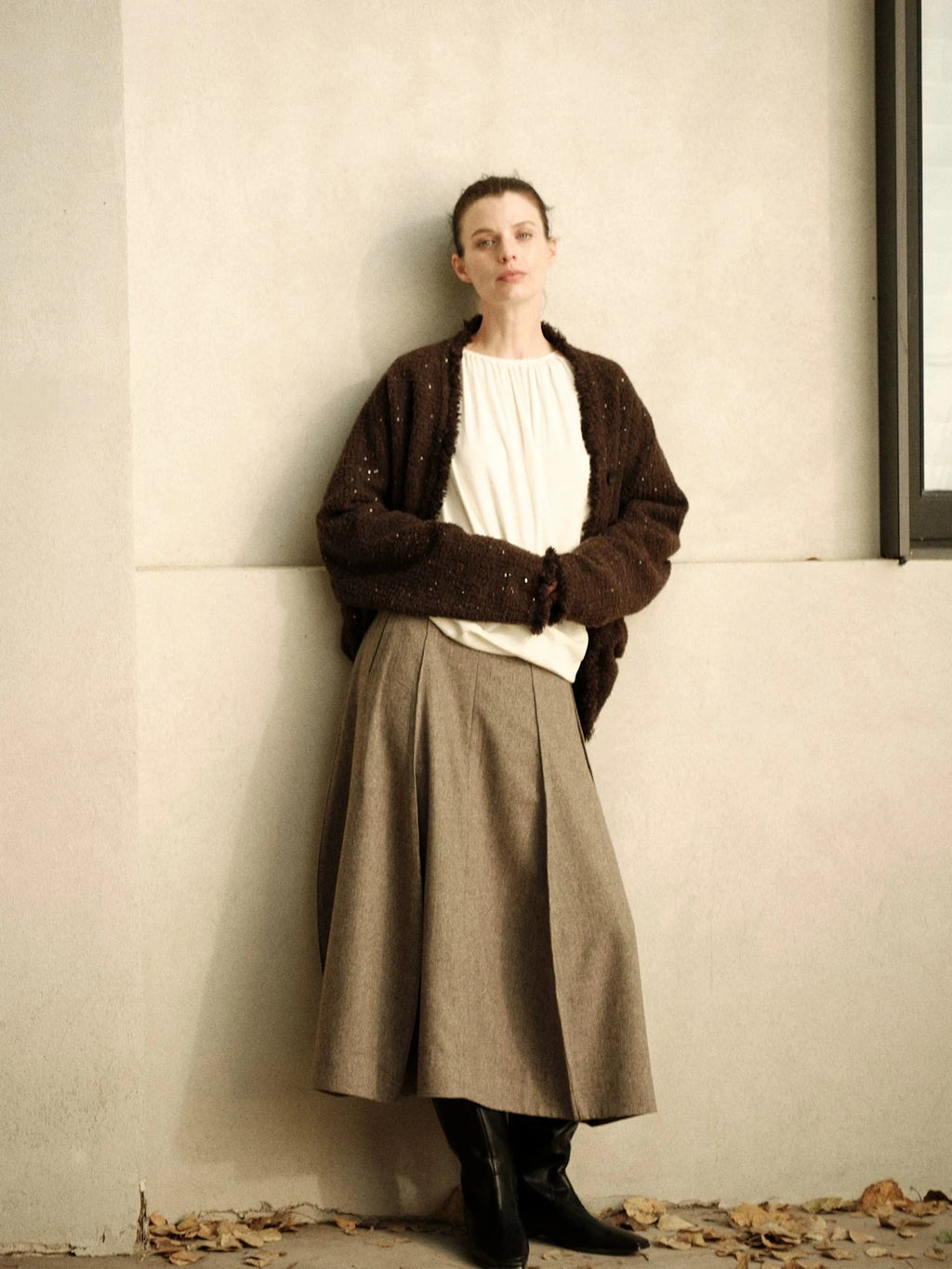 Herringbone Wool Curved Hem Skirt