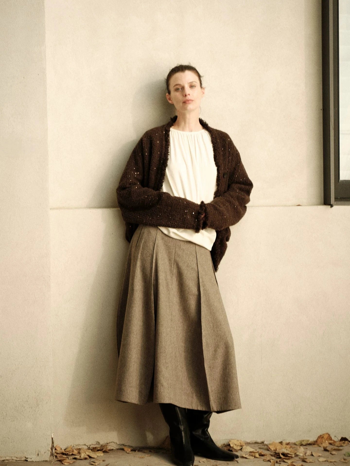 Herringbone Wool Curved Hem Skirt