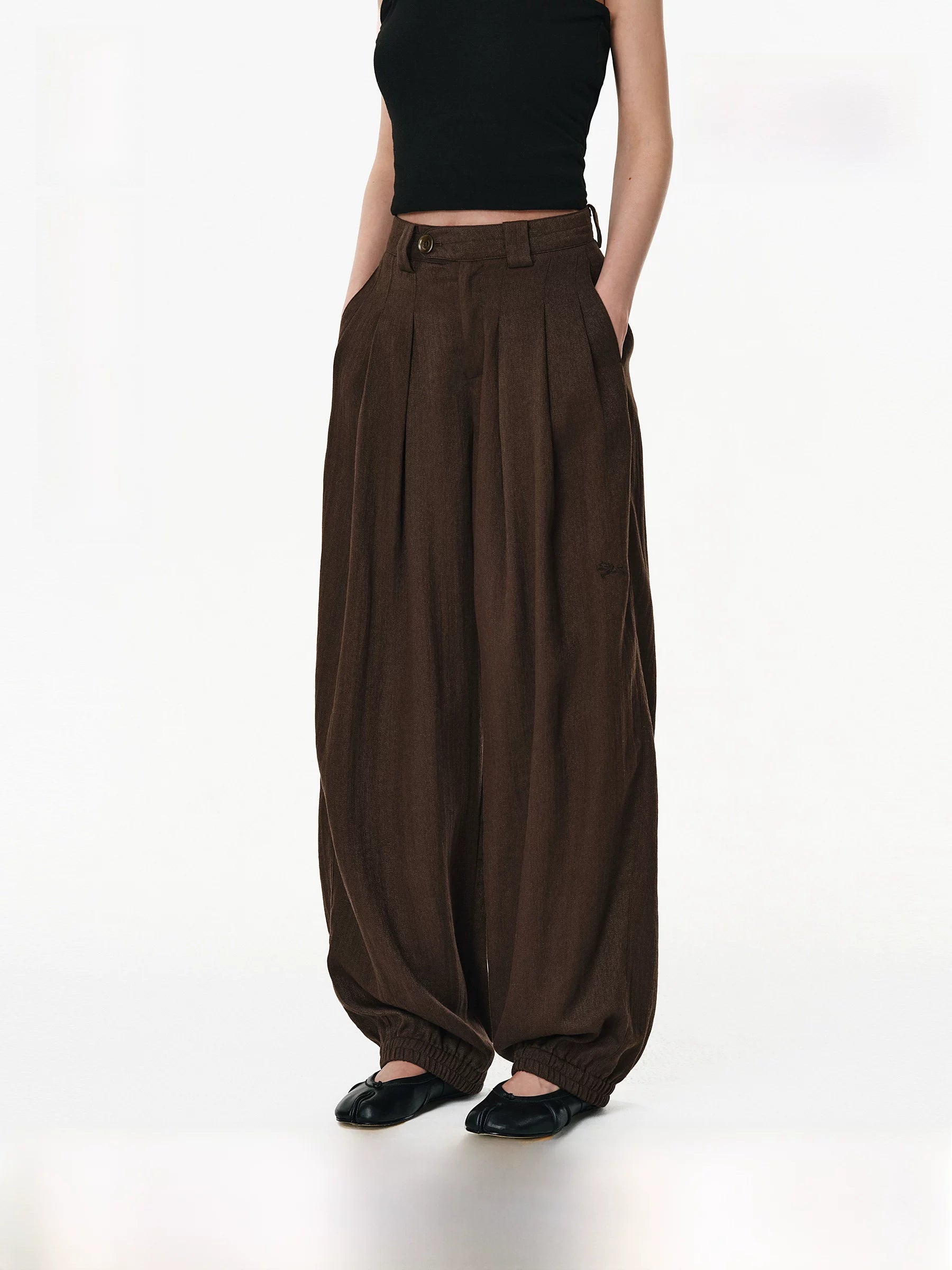 Linen Blend Pleated Wide-Leg Trousers