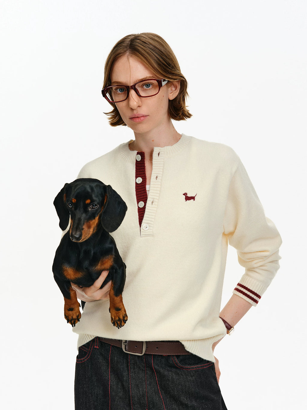 Contrast Trim Henley Knit Sweater