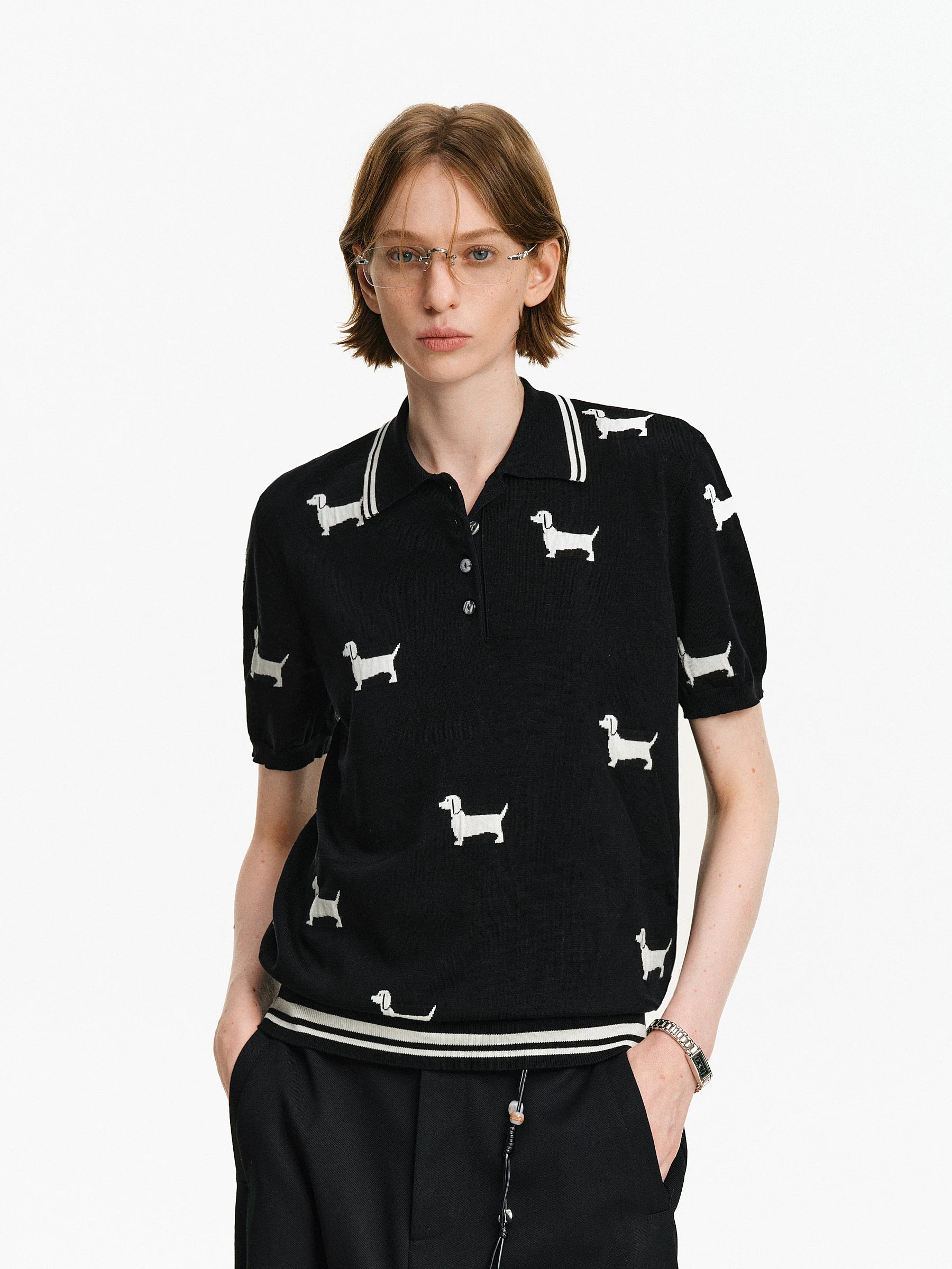 Dachshund Motif Knit Polo Shirt