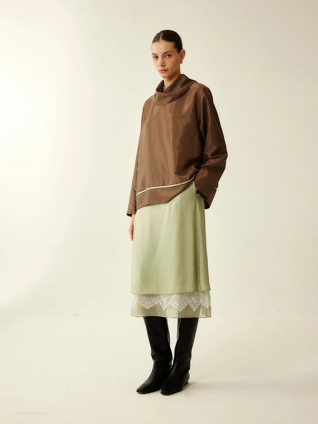 Satin Cowl Neck Long Sleeve Top