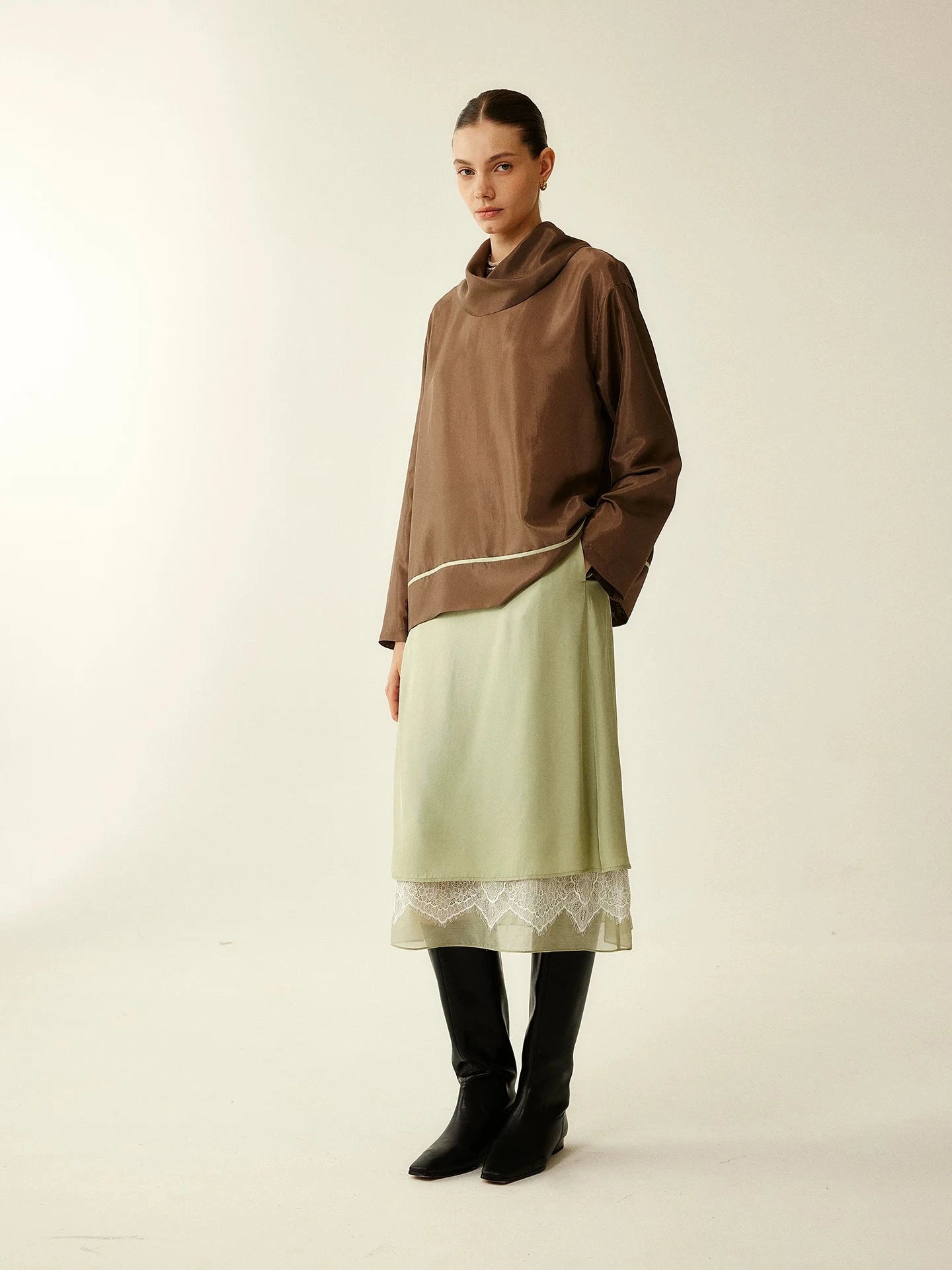 Satin Cowl Neck Long Sleeve Top