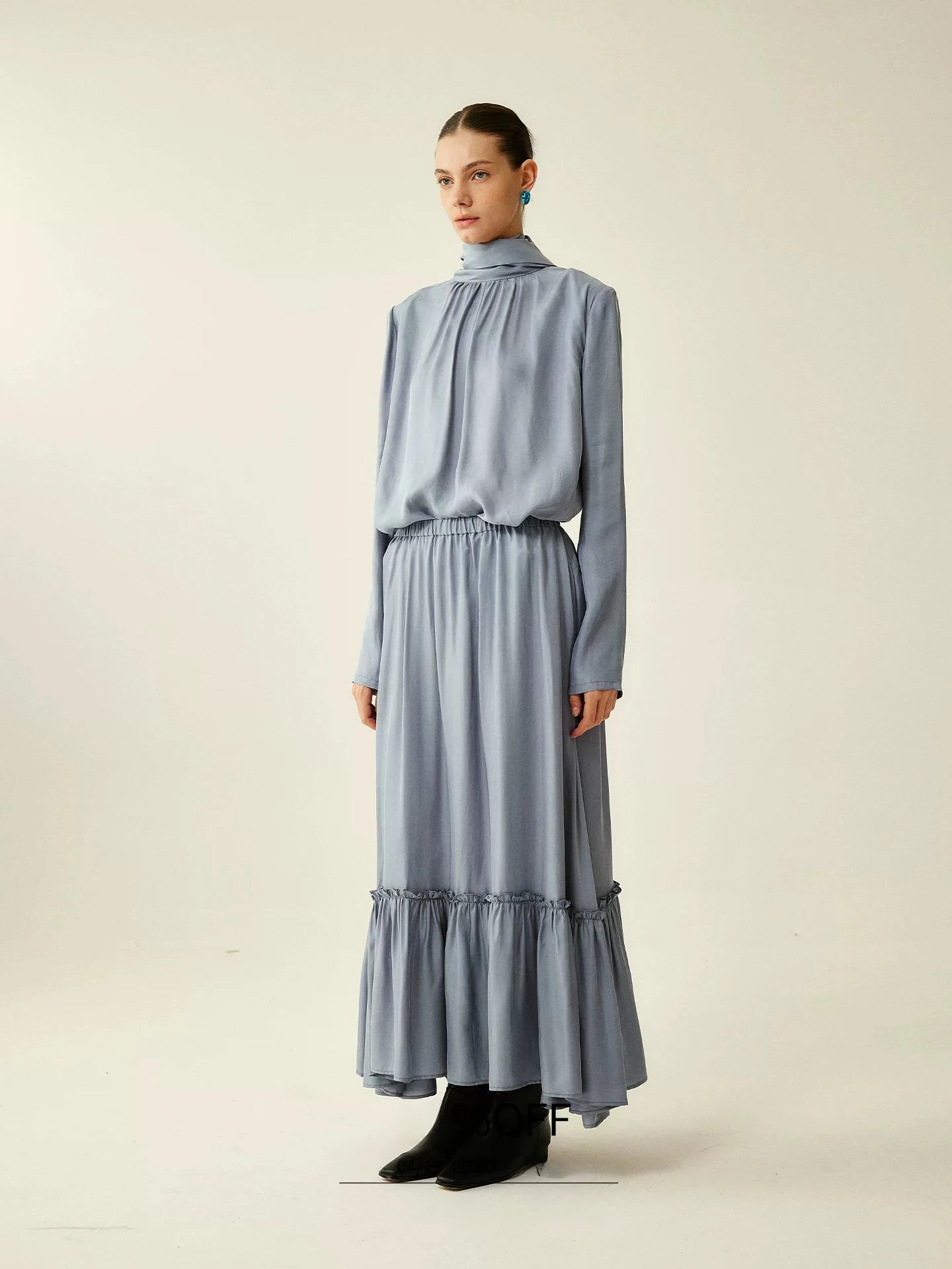 Silk Tie-Neck Pleated Midi Dress