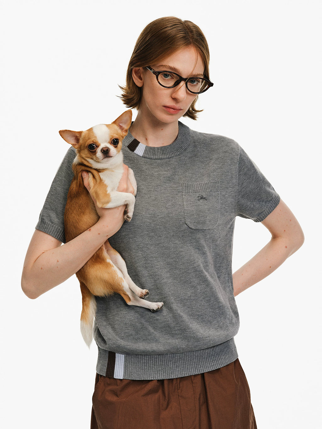 Wool Blend Embroidered Pocket Knit Top