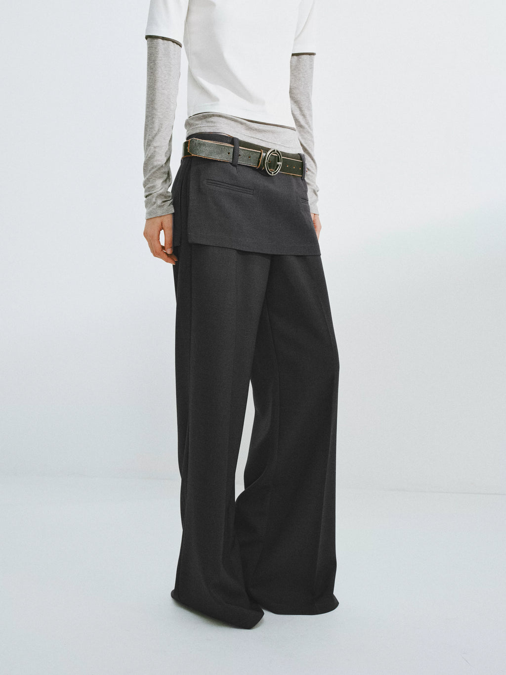 Layered Faux-Skirt Wide-Leg Trousers