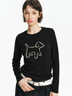Pearl Embellished Puppy Long Sleeve T-Shirt