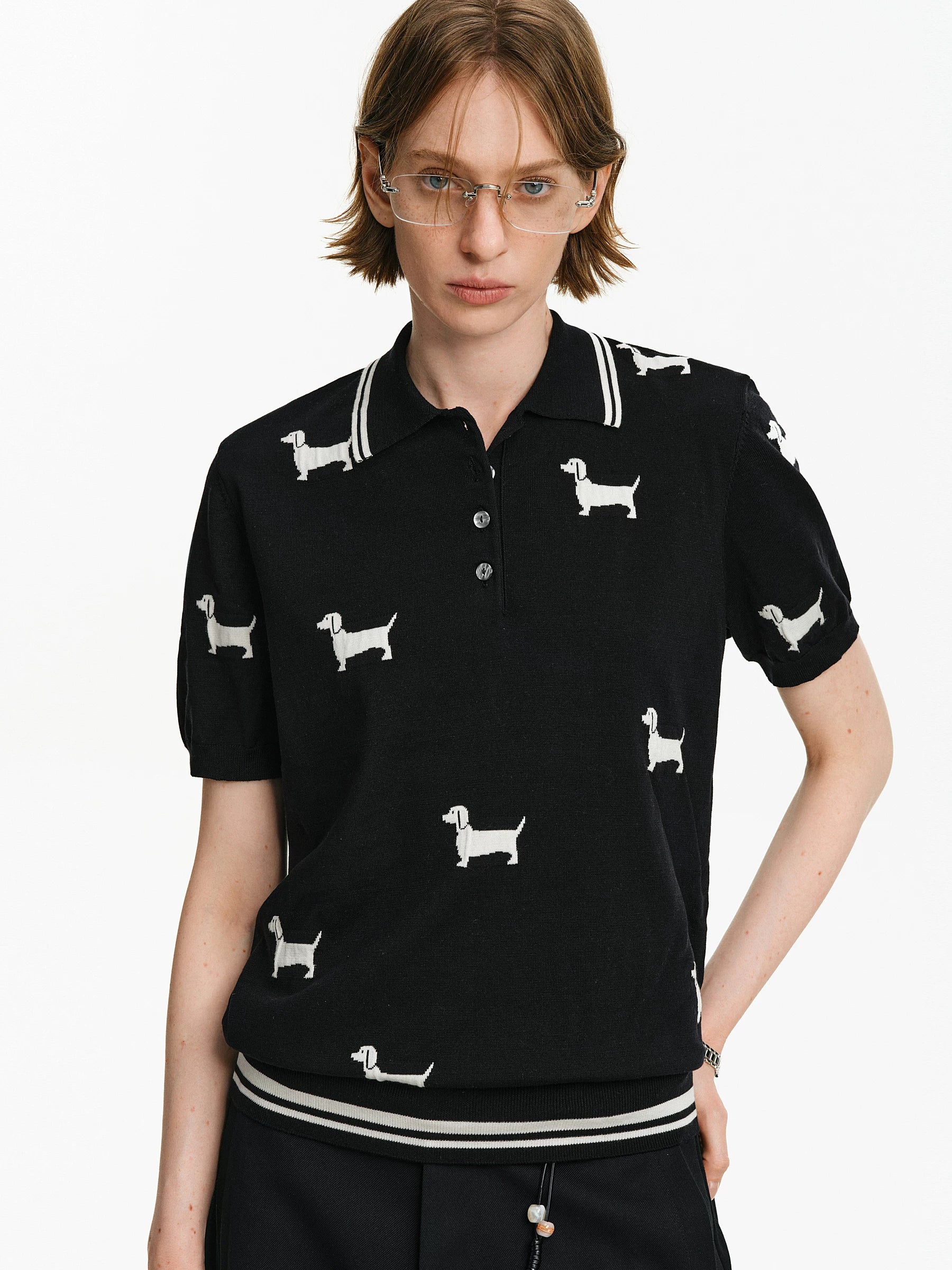 Dachshund Motif Knit Polo Shirt