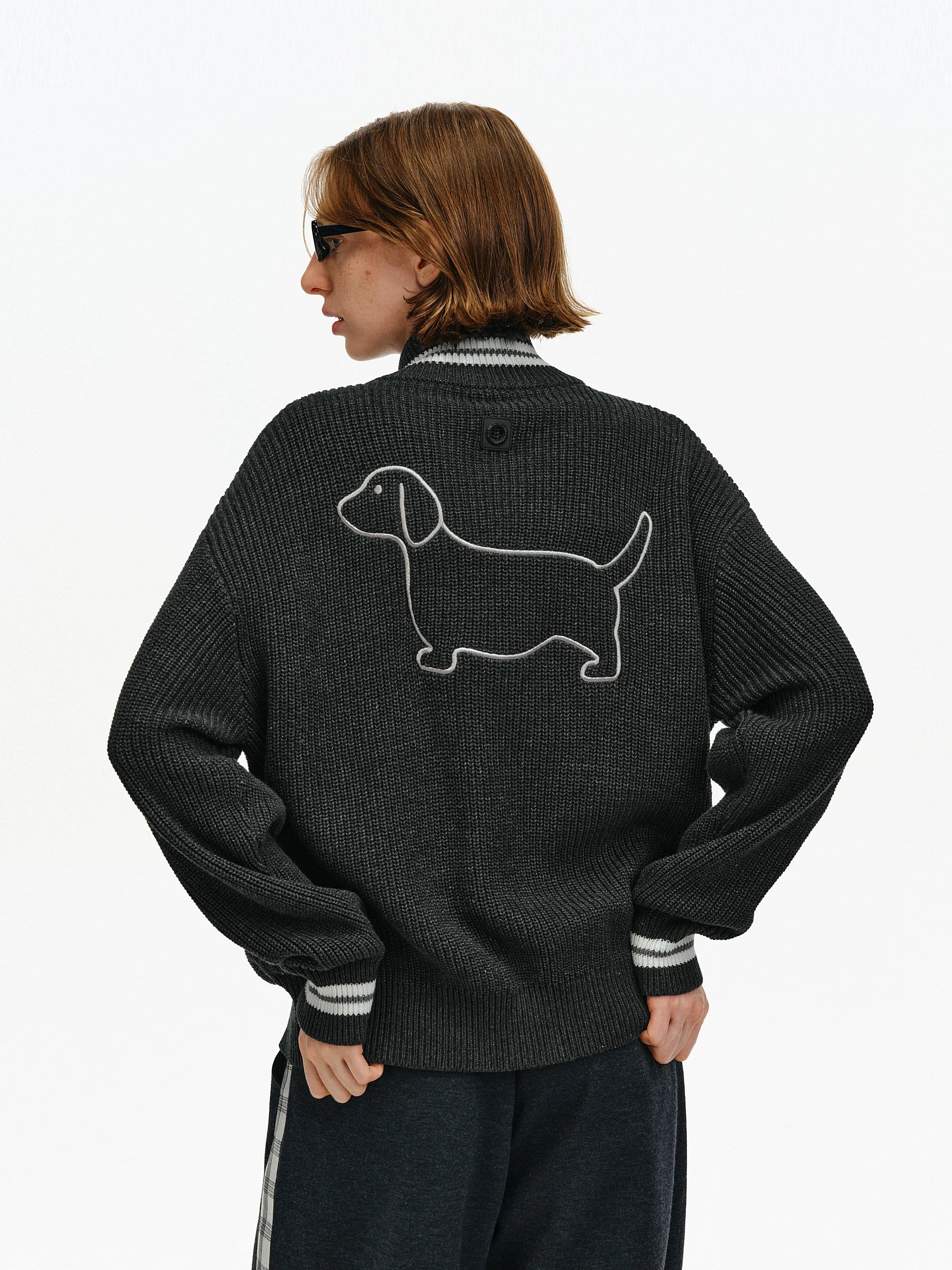Embroidered Puppy Zip-Up Knit Cardigan